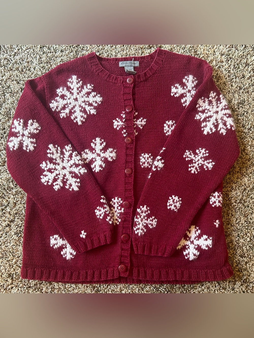 Vintage Eddie Bauer Red Sweater Cardigan White Snowflakes - Button Front - L